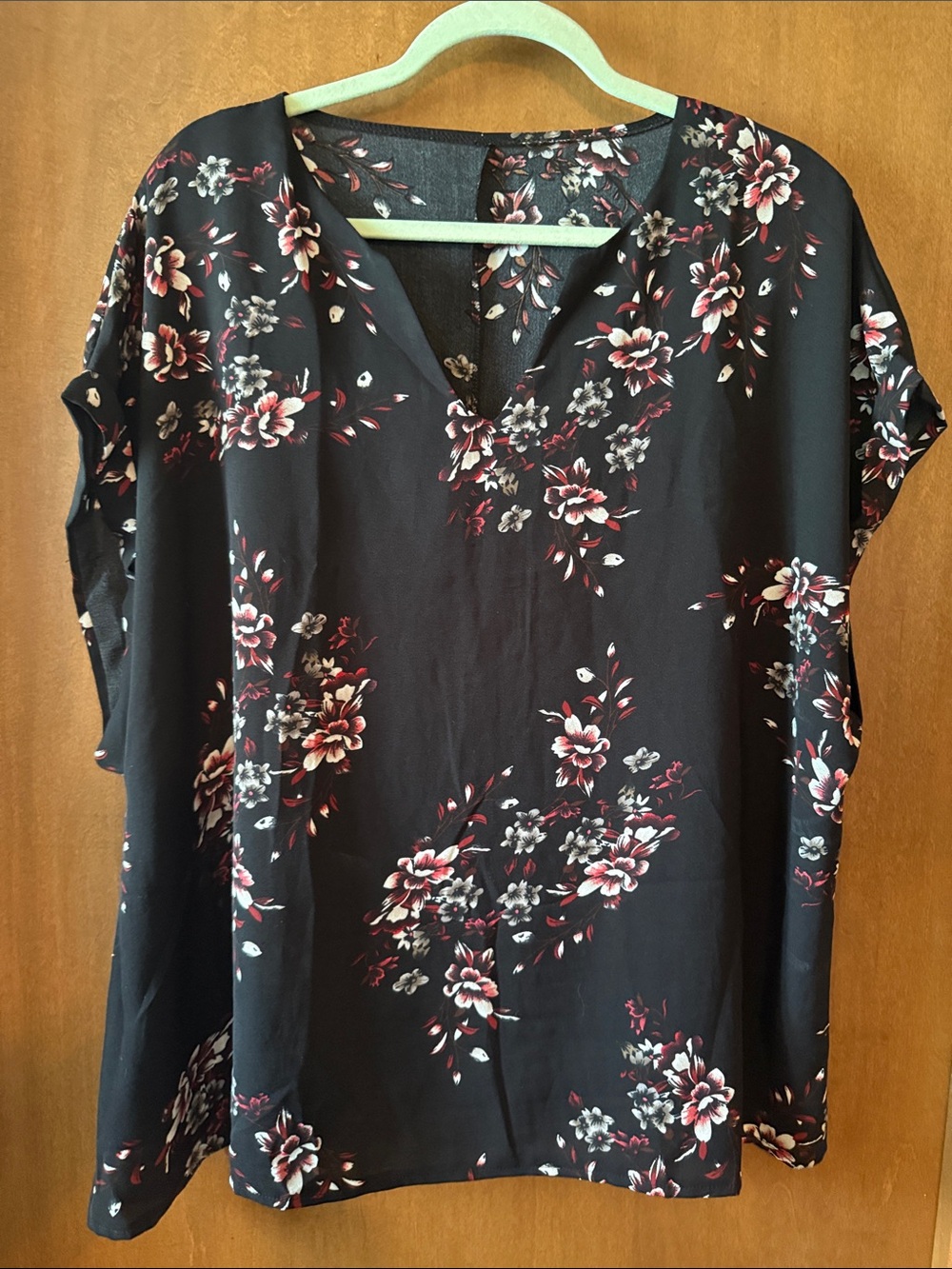 SHEIN Black Floral V-Neck Blouse with Pink and Cream Accents